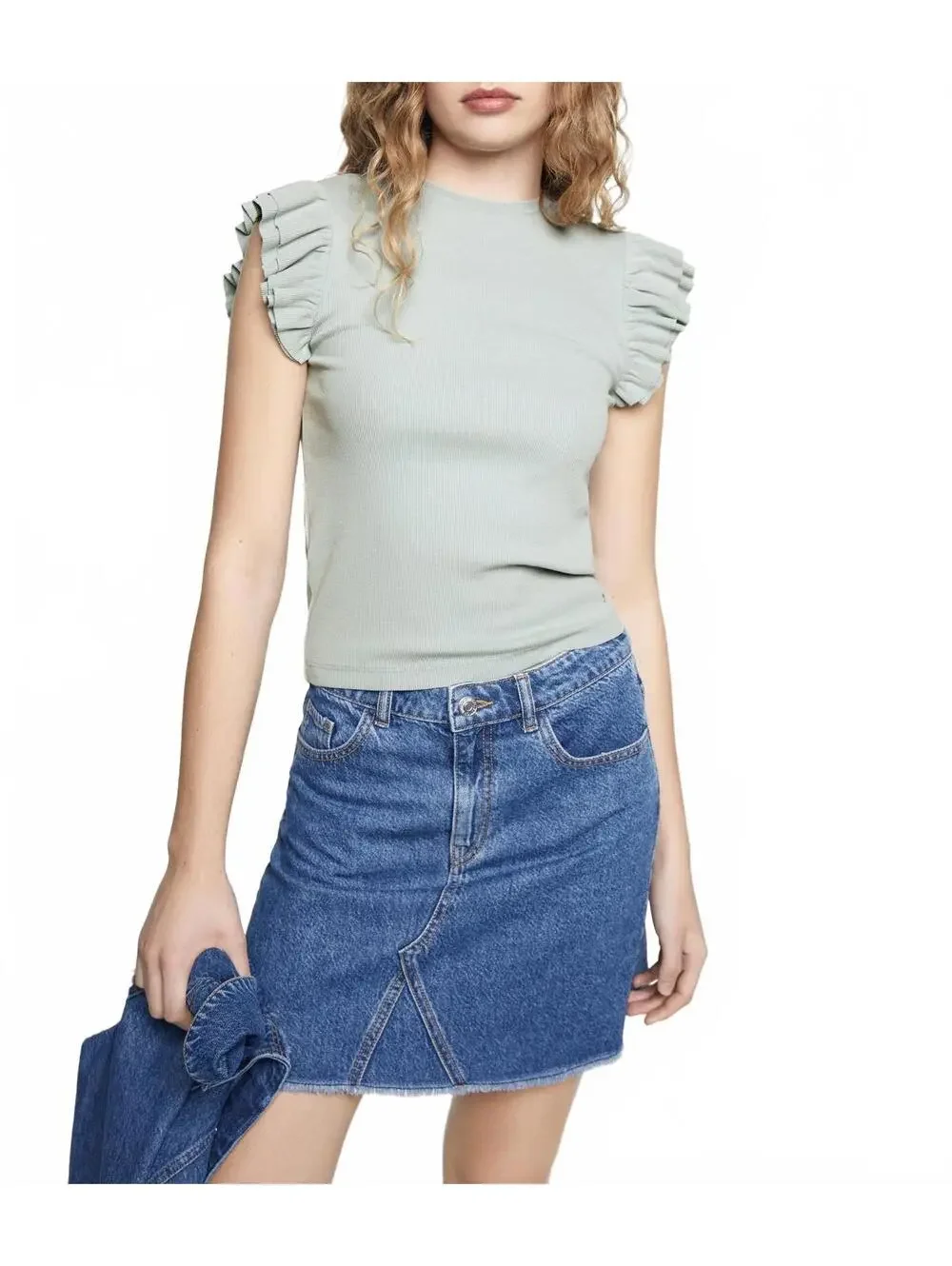 Mango Cotton Short-Sleeved Ruffle T-Shirt Blue NWT Teen's XS